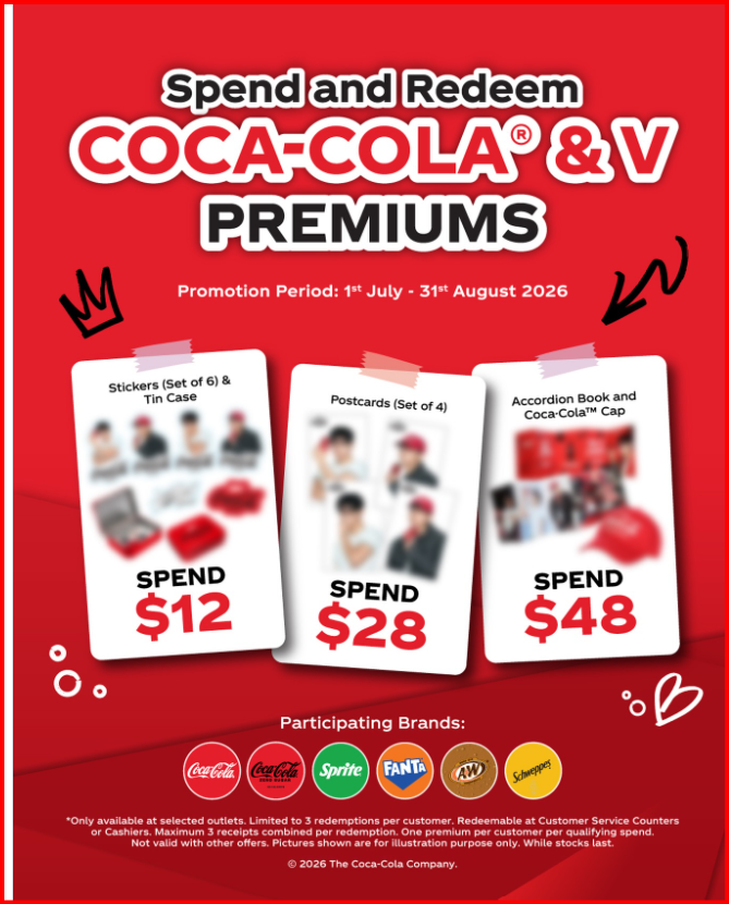 Tae_Singapore's tweet photo. Your collection is calling! 📞 We’ve got the full lineup of Coca-Cola & V premiums waiting for you. Drop by in-store to secure the set! 

#CocaColaSG
TAEHYUNG COCA COLA AMBASSADOR   
KIM TAEHYUNG X COCACOLA     
#VxCocaCola

See this Instagram post by @cocacolasg https://t.co/7ngoIB5RPL