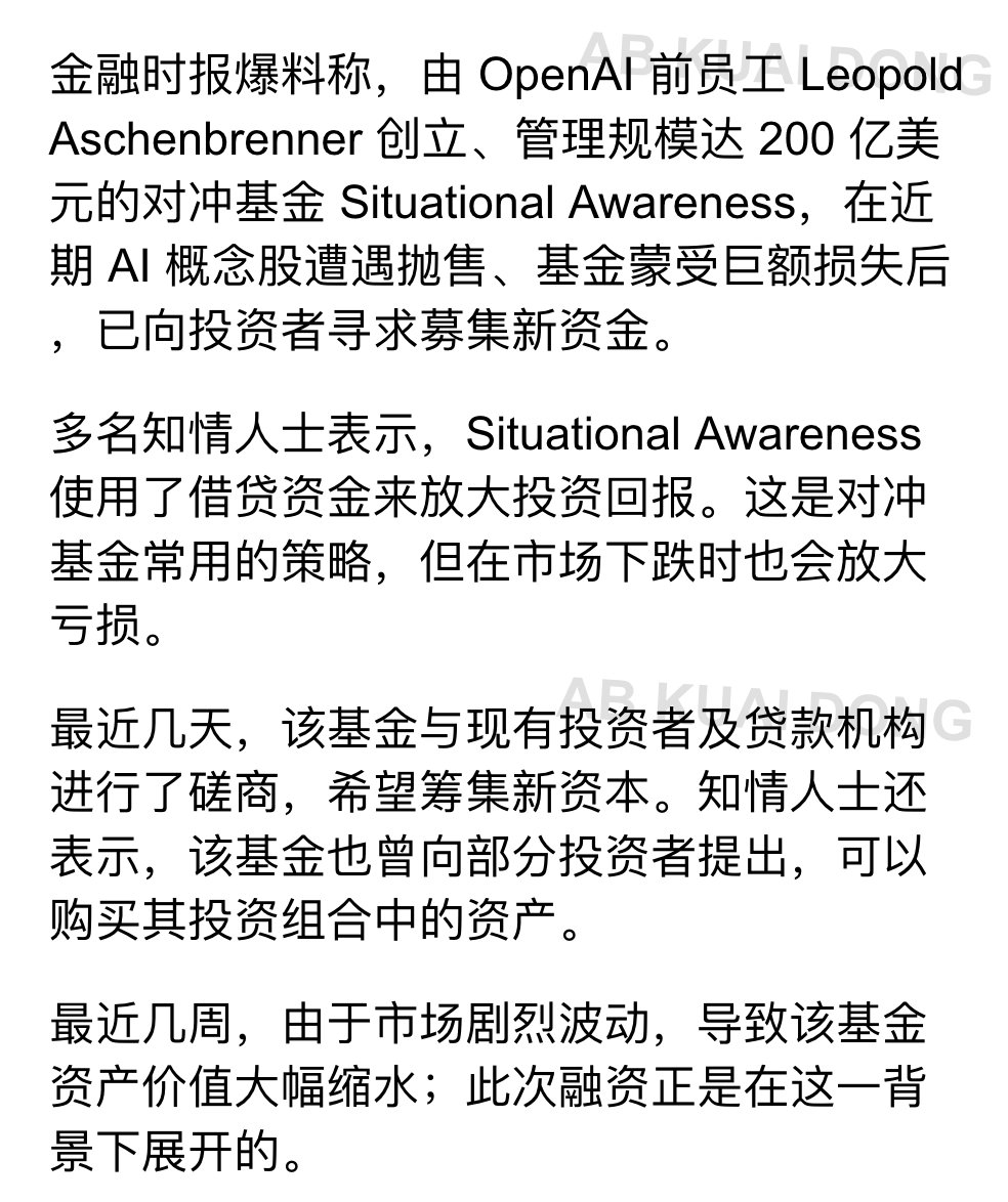_FORAB's tweet photo. 天哪，连 AI 股神 Leopold 也扛不住了，金融时报爆料称，前 OpenAI 研究员，因撰写投研长文爆火，创办对冲基金重仓 AI ，规模从几亿美金快速膨胀到超 200 亿的那位老哥。

被曝其实他使用了借贷资金，来放大投资回报，由于最近 AI 概念股暴跌，他已开始向投资者寻求募集新资金。 https://t.co/qtk8vutjcQ