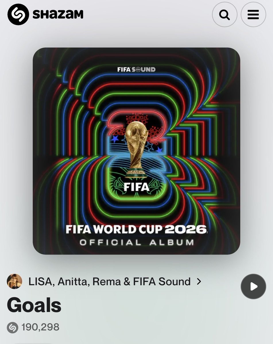 LiliesHome_'s tweet photo. 🧿 SHAZAM DAILY | LISA’S TRACK 🎧

Shazaming on repeat🔁

🎯Target 200,000 shazams
🔗 https://t.co/vOa19GmFc2

@wearelloud @FIFAWorldCup 

GOALS OUT NOW
#LISAxGOALSxFIFA 
#LISAxANITTAxREMA
🧁⚽️ https://t.co/NFR6bG7FMM