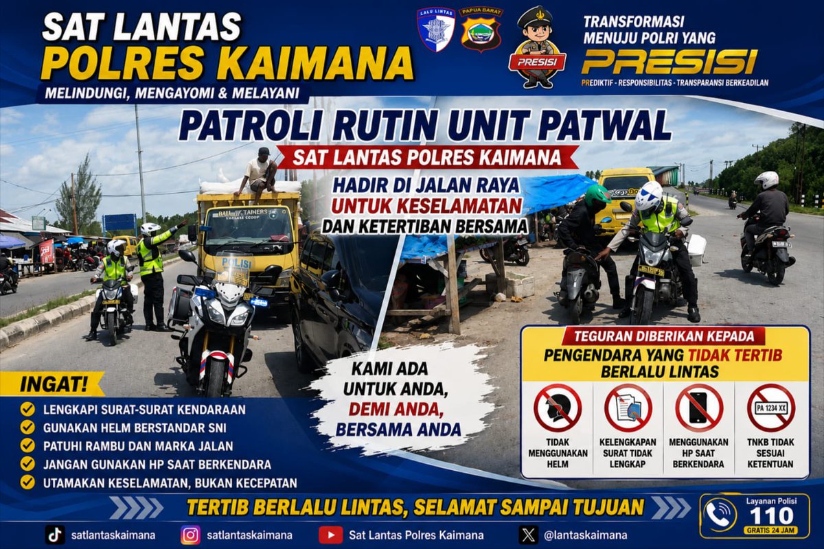 LTSKAIMANA2209's tweet photo. “Patroli Rutin Unit Patwal”

#satlantaskaimana #dikmaslantaspolri #irsmm #lalulintas #rasirosakorlantas #ntmc_polri #ditlantaspoldapapuabarat #beyondtrustpresisi #kaimana #pelayananpublik #polripresisi #polreskaimana #kapolreskaimana #polantashadir #polriuntukmasyarakat https://t.co/kfxdDjjOzQ