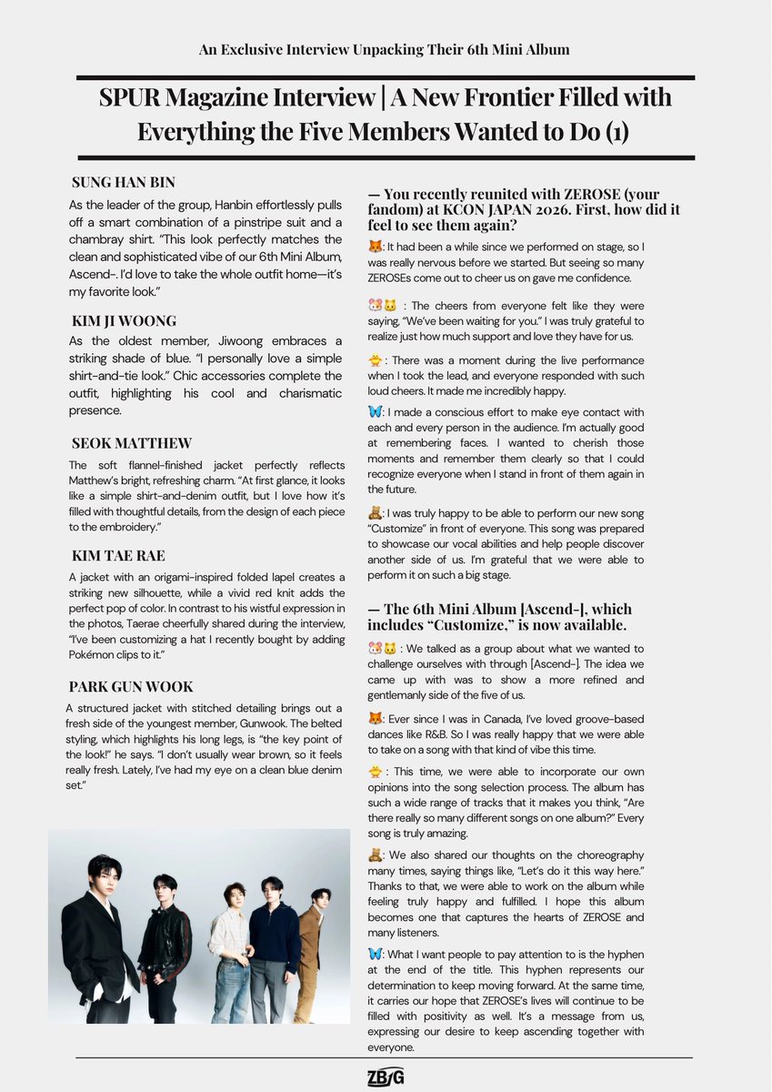 GLOBAL_ZB1's tweet photo. [ENG] 260730 #ZEROBASEONE SPUR Magazine Japanese Interview - Full Translation

"ZEROBASEONE Talking About Their New Chapter: 'We’ll Keep Moving Forward.'"

"ZEROBASEONE makes their first appearance in SPUR. Entering a new chapter, they exude quiet confidence and a newfound sense of maturity. As they step onto the global stage and continue their rise to stardom, this feature captures the unique brilliance of all five members. Dressed in distinctive looks, their fashion-forward style highlights their star quality."

🔗 https://t.co/xiF8cLhvaD

#ZB1 #제로베이스원 @ZB1_official