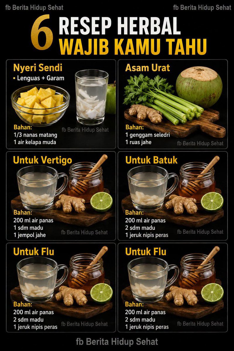 MilahPass's tweet photo. 🌿 6 Resep Herbal Wajib Kamu Tahu

1. Nyeri Sendi
Nanas + Air Kelapa Muda
Membantu menyegarkan tubuh dan mendukung kesehatan sendi.

2. Asam Urat
Seledri + Jahe
Sering digunakan sebagai ramuan tradisional untuk membantu meredakan keluhan asam urat.

3. Vertigo
Jahe + Madu
Membantu menghangatkan tubuh dan mengurangi rasa mual atau pusing ringan.

4. Batuk
Madu + Jeruk Nipis
Membantu melegakan tenggorokan dan meredakan batuk ringan.

5. Flu
Madu + Jeruk Nipis
Membantu menghangatkan tubuh dan memberikan rasa nyaman saat flu.

6. Flu
Madu + Jeruk Nipis
Membantu menjaga daya tahan tubuh dan melegakan tenggorokan