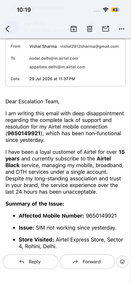 VishalShar3848's tweet photo. @airtelindia @Airtel_Presence my number 9650149921 has not been working since 28 July 2026. I have visited Airtel stores multiple times and called customer care hundreds of times from another Airtel number over the last 2 days, but the issue remains unsolved. https://t.co/fwJpwLSdoA