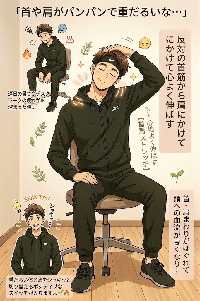 yurunobi_kohei's tweet photo. 7月30日 木曜日
【今日の1分ストレッチ🌱】

連日の暑さやデスクワークの疲れが溜まって、「首や肩がパンパンで重だるいな…」と感じやすい時期かもしれません😊

もし「あと少しの木曜日、首肩をすっきり軽くしてスタートしたいな！」と感じたら、
お仕事や動き出しの前に、

座ったまま片手を頭に添えて優しく真横に倒し、反対の首すじから肩にかけてを心地よく伸ばす【首肩ストレッチ】をしてみてください🌱

凝り固まった首・肩まわりがほぐれて頭への血流が良くなり、重だるい体と頭をシャキッと切り替えるポジティブなスイッチが入りますよ🌿🔥
#ストレッチ #首こり #肩こり
#デスクワーク #猫背 #巻き肩
@yurunobi_kohei