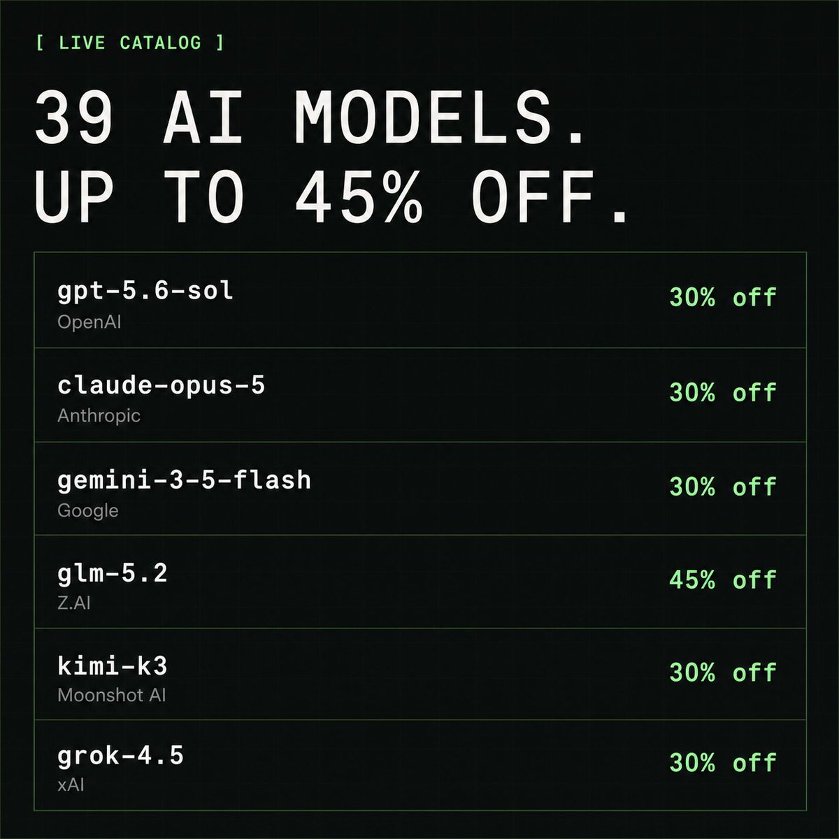 fabrice_mayrand's tweet photo. This is insane

Cheaper Inference is selling API access to most major models for 30% off. 

Use OpenAI, Anthropic, and Google models through a drop-in OpenAI-compatible API. No contract, no migration required.