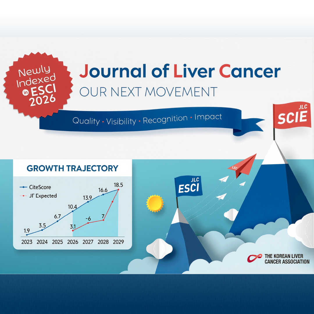 KLCA1999's tweet photo. Journal of Liver Cancer, ESCI 신규 등재

Journal of Liver Cancer가 2026년 Emerging Sources Citation Index(ESCI)에 신규 등재되었습니다. Cite Score는 2023년 1.9에서 2026년 10.4로 상승하며 꾸준한 성장세를 보이고 있으며, 이는 SCIE 등재라는 다음 목표를 향한 중요한 발판입니다. 대한간암학회는 학술지의 질적 성장과 국제적 인지도 확대를 위해 계속 노력하겠습니다.

#대한간암학회 #KLCA

Journal of Liver Cancer Newly Indexed in ESCI

The Journal of Liver Cancer has been newly indexed in the Emerging Sources Citation Index (ESCI) for 2026. Its Cite Score has risen steadily from 1.9 in 2023 to 10.4 in 2026, reflecting the journal's growing quality and visibility. This milestone marks an important step toward SCIE indexing, the journal's next goal. The Korean Liver Cancer Association remains committed to advancing the journal's scholarly impact worldwide.

#KLCA #KoreanLiverCancerAssociation
