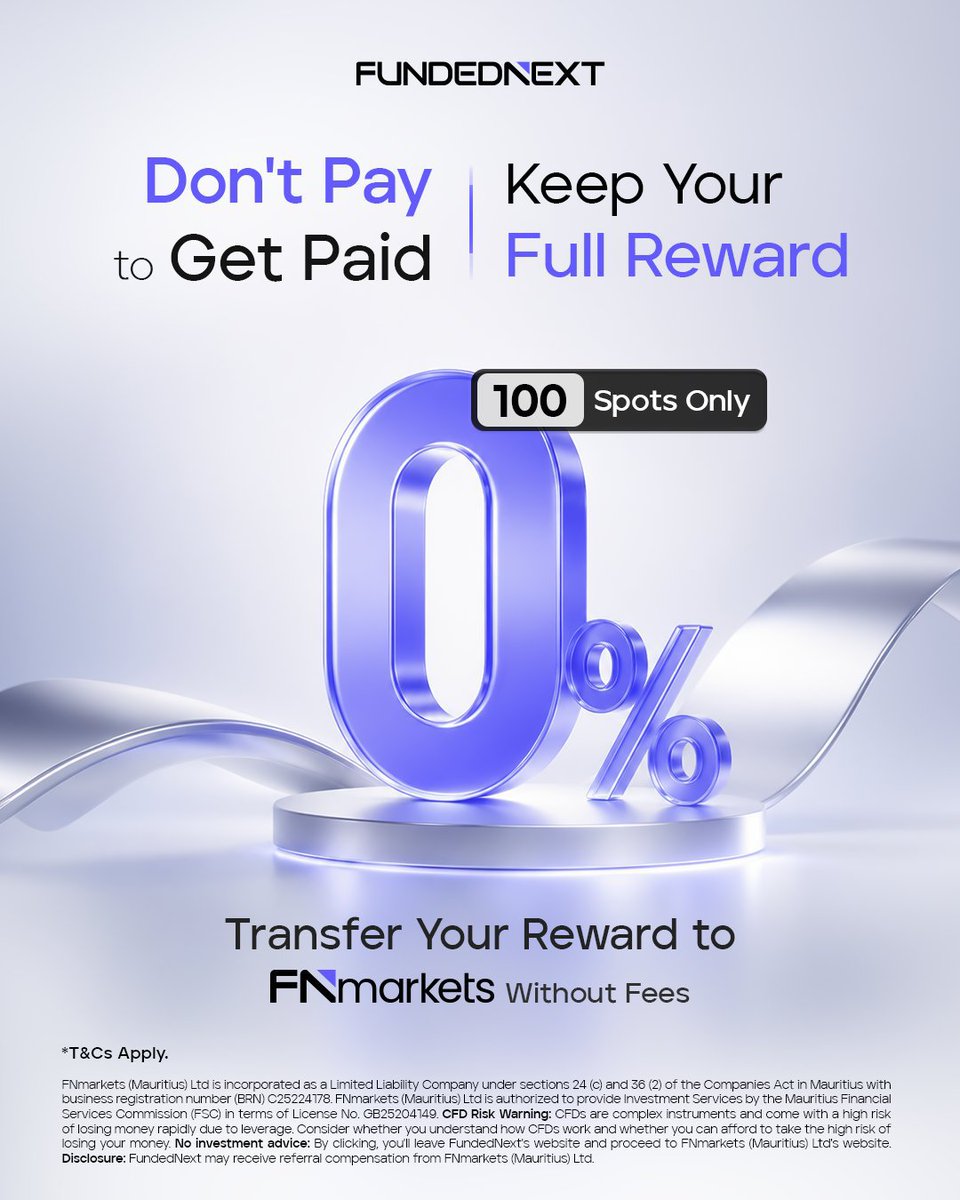 jamesgarba16's tweet photo. Transfer your FundedNext rewards to FNmarkets with no 3.5% deduction at transfer.

The FNmarkets reward route gives you:
- Zero transfer fees
- Your full payout in your wallet
- Nothing to claim, no extra steps
- A live trading account, ready from day one

100 seats only. T&Cs apply.

Zero fee at transfer; the 3.5% may apply at withdrawal if trading conditions aren't met. 
Offer available in selected countries only. Restricted jurisdictions are not eligible.
https://t.co/qlcbMEGUpK