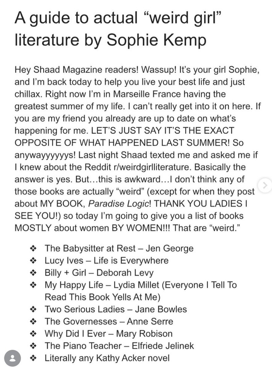sophiefkemp's tweet photo. my list of "weird girl" books for my friend shaad's magazine called shaad magazine https://t.co/ZqkzN2cjyj