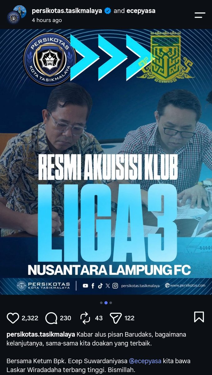 indosupporter's tweet photo. Klub Liga 4, Persikotas Tasikmalaya, akuisisi Nusantara Lampung FC (klub Liga Nusantara).

Mataram Utama
⬇️
Nusantara United
⬇️
Nusantara Lampung FC https://t.co/OObqj6Ii7C
