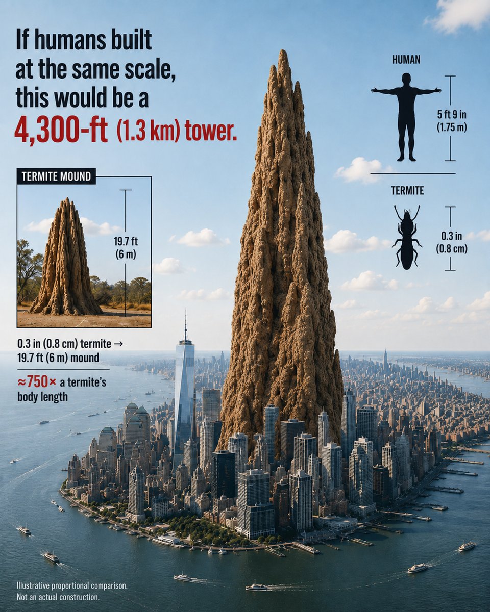 archpng's tweet photo. BUILT BY ANIMALS — Part 1: Termites

A termite may be only about 0.3 in (0.8 cm) long, yet some species can build mounds reaching 19.7 ft (6 m)—roughly 750 times their body length.

At the same proportion, a 5 ft 9 in (1.75 m) human would construct a tower about 4,300 ft (1.3 km) tall.

Built without a central architect or blueprint, termite mounds use networks of chambers and passages to help regulate airflow and conditions inside the colony.

#BuiltByAnimals #AnimalArchitects