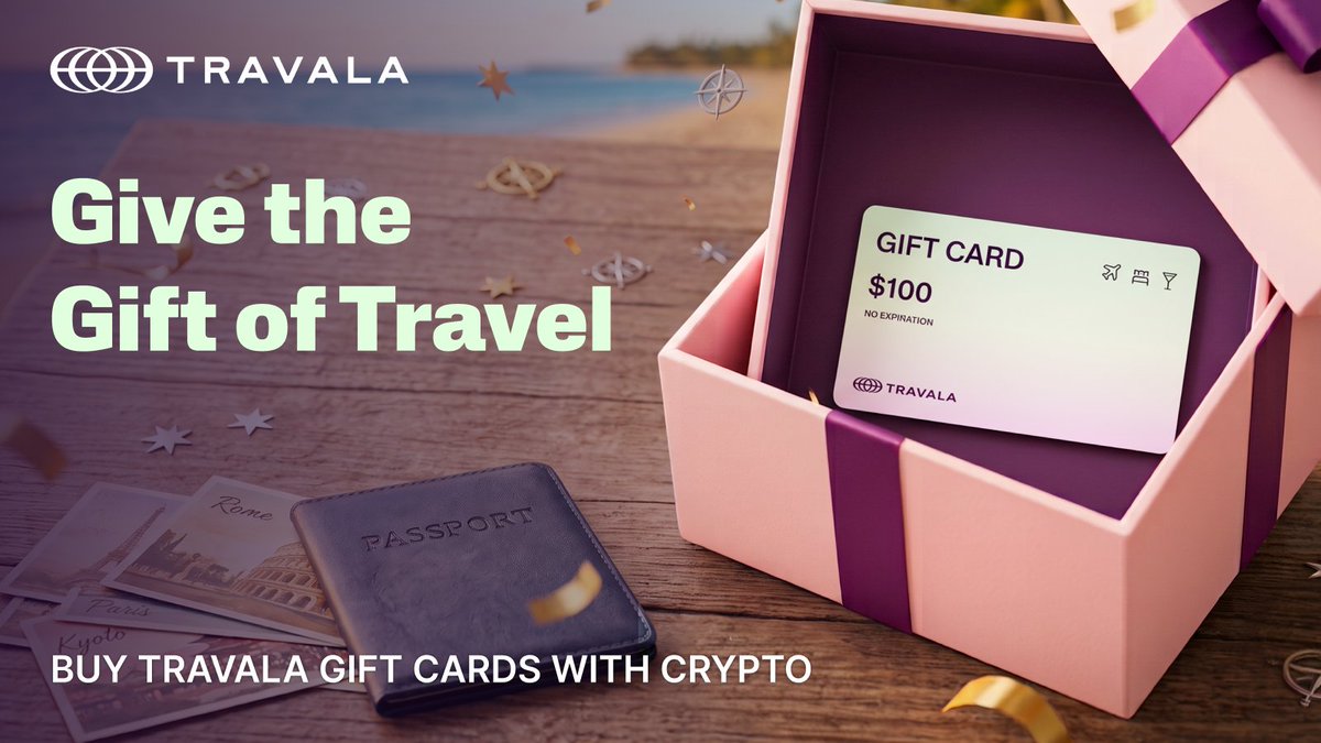 travalacom's tweet photo. Give the gift of travel! 🎁✈️ 

With Travala Gift Cards, your friends and family can choose from millions of flights, hotels, and experiences worldwide. Buy them easily with your favorite crypto!

Get yours today 👉 https://t.co/5fPPJhtY5w https://t.co/sdblf7quzI