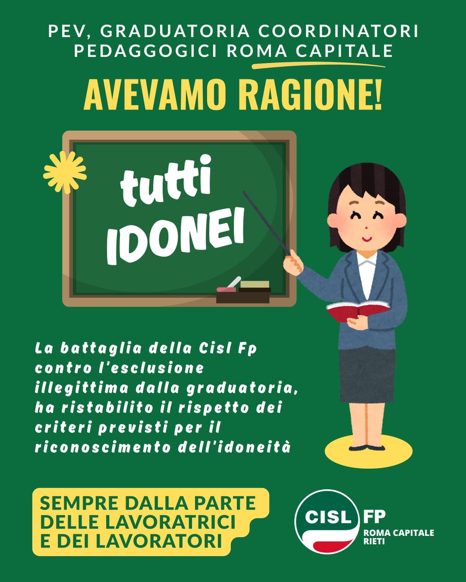 cisl_fplazio's tweet photo. #Pev #CoordinatoriPedagogici #RomaCapitale: hanno vinto i lavoratori

Ristabilita la #graduatoria: tutti idonei gli aventi diritto

👉Qui la graduatoria: https://t.co/suovEeHyBO

#ilmiolavorovale https://t.co/wVam03KVMp