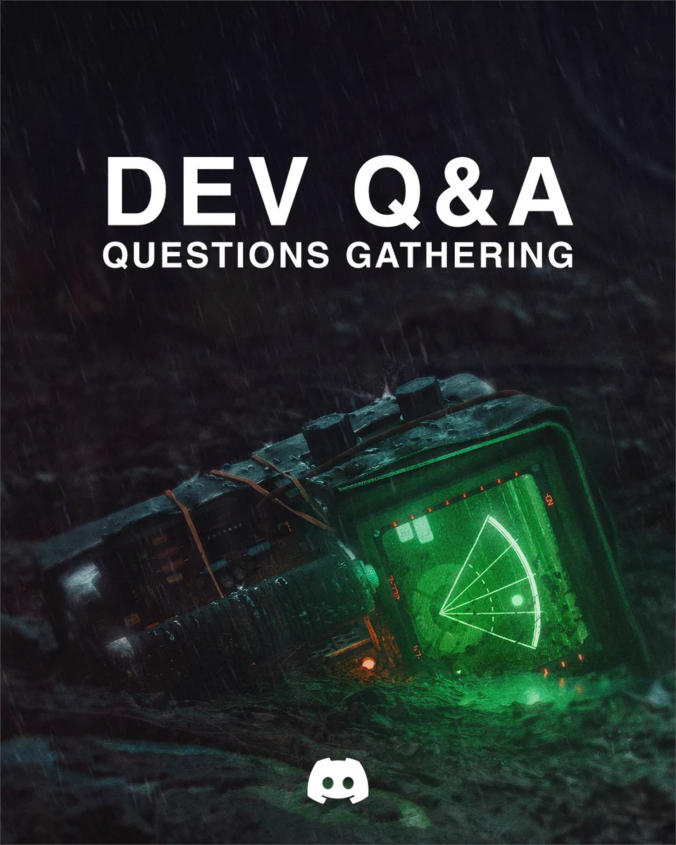 Dev Q and A questions gathering written at the top. A motion tracker lying in the mud with its green screen showing a nearby threat. Discord logo at the bottom.