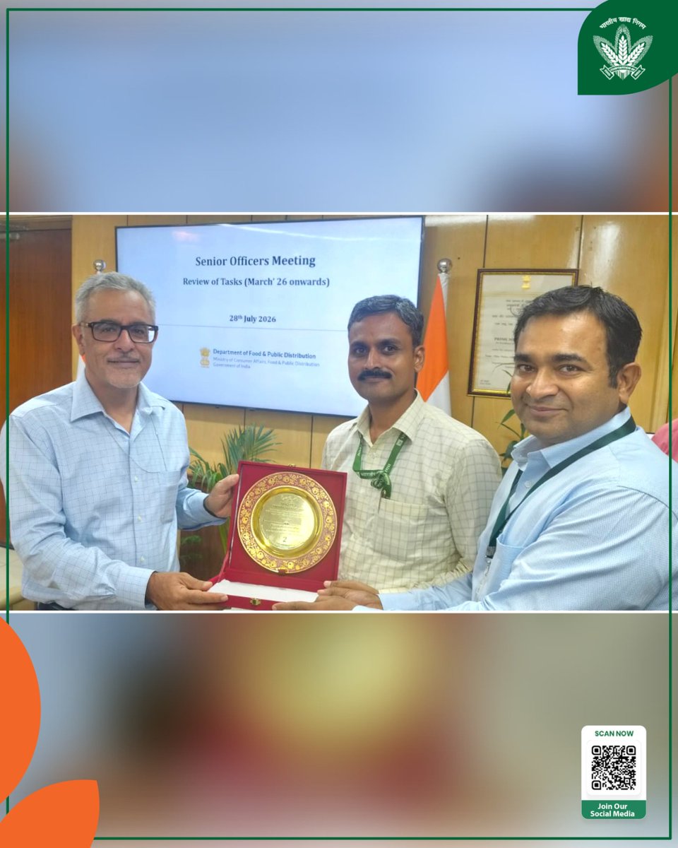 FCI_India's tweet photo. स्वच्छता के प्रति समर्पण को मिली राष्ट्रीय पहचान।

दिनांक 28.07.2026 को कृषि भवन, नई दिल्ली में खाद्य सचिव श्री संजीव चोपड़ा की अध्यक्षता में आयोजित कार्यक्रम में स्वच्छता पखवाड़ा 2026 के दौरान स्वच्छता के क्षेत्र में किए गए उत्कृष्ट कार्यों के लिए FSD फ़तेहाबाद (हिसार), हरियाणा को द्वितीय पुरस्कार प्रदान किया गया। यह उपलब्धि स्वच्छता, सुव्यवस्थित कार्य संस्कृति तथा उत्कृष्ट संचालन के प्रति FCI की प्रतिबद्धता को दर्शाती है।

@mygovindia @fooddeptgoi @PIB_India @JoshiPralhad
@Nimu_Bambhaniya @blvermaup
#FCI #SwachhataPakhwada2026 #SwachhBharat #FoodSecurity #CleanWorkplace