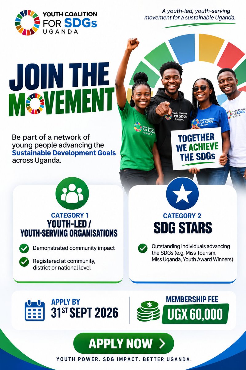 Youth4SDGsUga's tweet photo. Exciting #News:
The 2026 Membership Window is officially OPEN!

Join Uganda's biggest Network Youth led Companies, Organisations and Outstanding Youth accelerating Sustainable Development.

Register here by 31st Sept 2026: https://t.co/ylwDNcsLtQ https://t.co/4XzBlG1T6Q