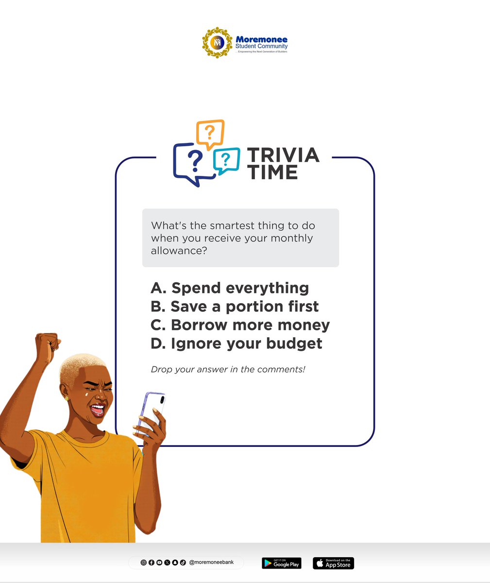 MoremoneeBank's tweet photo. How do you manage your monthly allowance? Do you spend it all or save a portion? 😒
For the savers, maximize your savings with Moremonee FutureBox and earn interest! 🥰
#Moremonee #Savings #FutureBox https://t.co/7LriJnaJiO