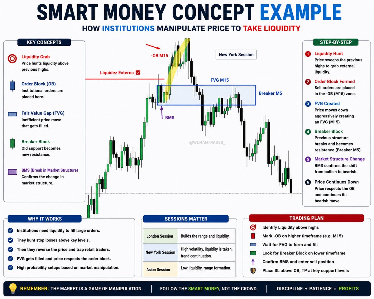 MarketPulze's tweet photo. SMART MONEY CONCEPT (SMC) 📊
The market often moves to hunt liquidity before revealing its true direction.
✅ Liquidity Sweep
✅ Market Structure Shift (MSS/BMS)
✅ Order Block (OB)
✅ Fair Value Gap (FVG)
✅ Breaker Block → Entry
🎯 Don't chase the move. Wait for liquidity, structure, and confirmation to align before entering the trade.