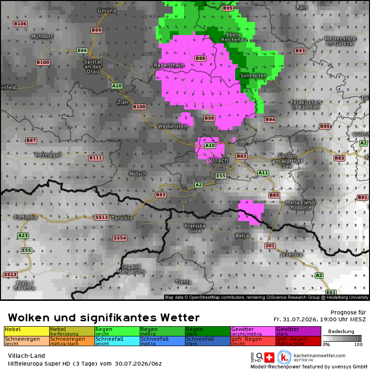 WWien10's tweet photo. ⛈️ Erste Warnsignale für den Freitag:
Sowohl #ICON-D2 als auch #SuperHD berechnen zum späten Nachmittag/Abend #Gewitter im Raum #Villach – ausgerechnet während des #Kirchtags. ⚡
ICON-D2 zeigt lokal sogar Unwetterpotenzial.
❗Noch ist das nur eine Modelllösung. https://t.co/TU9Xpanzys