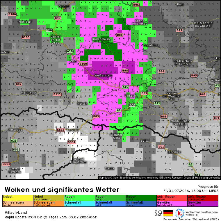 WWien10's tweet photo. ⛈️ Erste Warnsignale für den Freitag:
Sowohl #ICON-D2 als auch #SuperHD berechnen zum späten Nachmittag/Abend #Gewitter im Raum #Villach – ausgerechnet während des #Kirchtags. ⚡
ICON-D2 zeigt lokal sogar Unwetterpotenzial.
❗Noch ist das nur eine Modelllösung. https://t.co/TU9Xpanzys