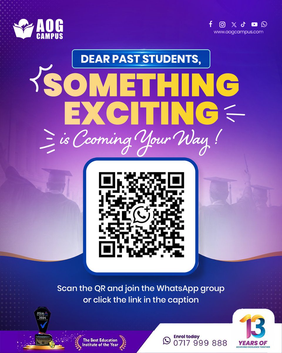 aogcampus's tweet photo. ආදි ශිෂ්ය ශිෂ්යයාවනි,
මෙම link එක click කර WhatsApp Group එකට සම්බන්ධ වන්න.
Dear Alumni,
Please click the link below to join our official WhatsApp group.
https://t.co/1OYmAlPJNU
We look forward to staying connected with you!
#aogcampus #alumni #group #oldboys #oldgirls https://t.co/E2UnSB0pO4