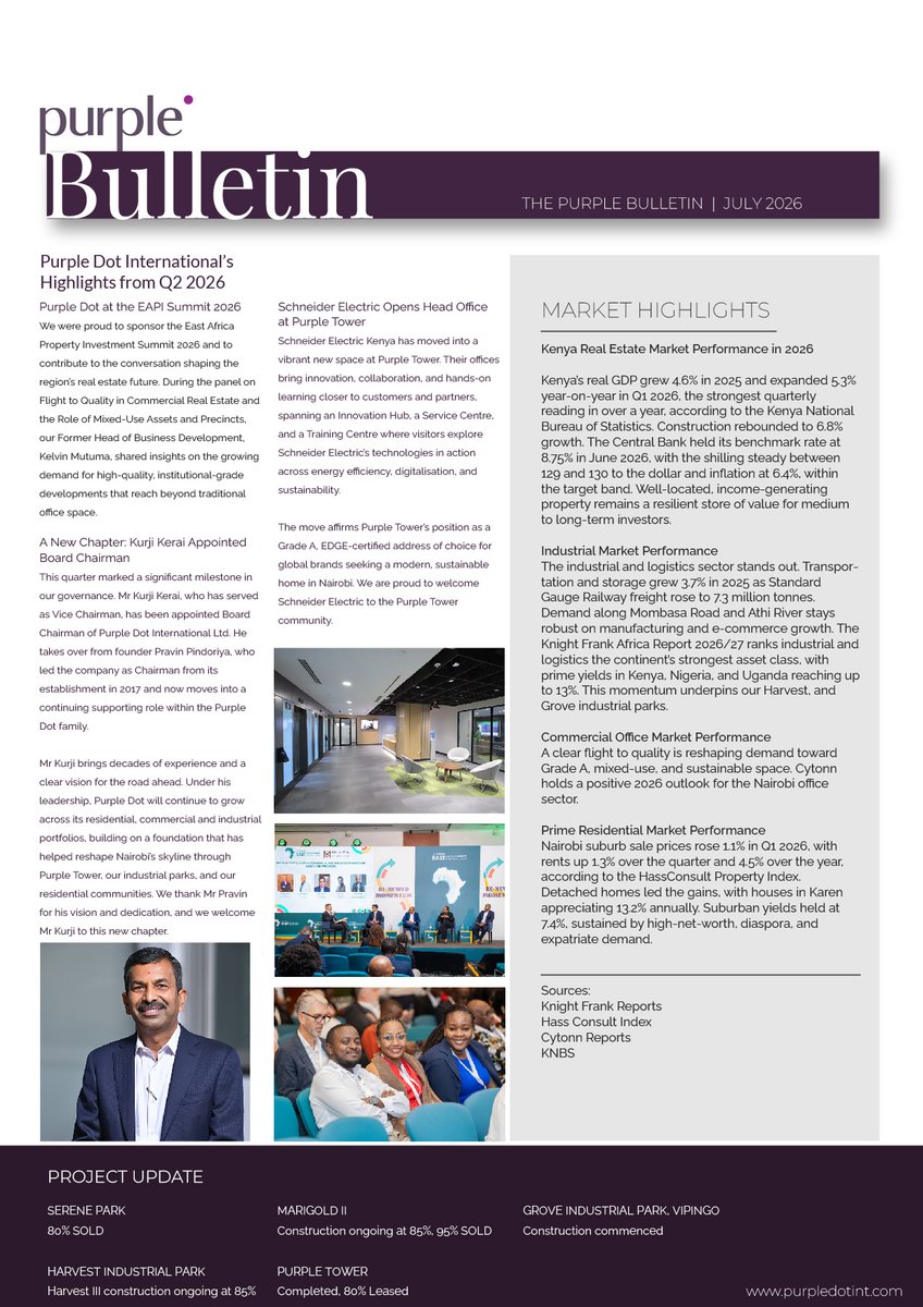 PurpleDotInt's tweet photo. The Q2 edition of The Purple Bulletin is now live.

A refined look into this quarter's milestones, our signature developments, and the insights shaping Kenya's real estate landscape. Inside: a new Board Chairman, our presence at the EAPI Summit 2026, https://t.co/CjWB86IOE4