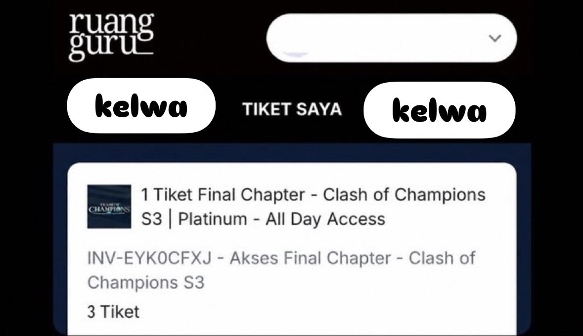 chassnovaa's tweet photo. WTS TIKET COC ( Clash Of Champions ) FINAL CHAPTER SEASON 3 📚

— ALL DAY ACCES — 

 📌PLATINUM - 2 tiket
💰1,050k / each

📌GOLD - 3 tiket
💰650 / each

📌SILVER - 5 tiket 
💰500 / each

✅ include benefit
✅ tiket pribadi trusted 100%
✅ harga web ya nanti di bantu sampai fisik / mau disent eticketnya lgsg by pdf 

yang minat bs lgsg dm yaa ini lebihan co

.t wtb wts tiket coc final chapter season 3 

#ruangguru #clashofchampions #cocs3 #zonauang