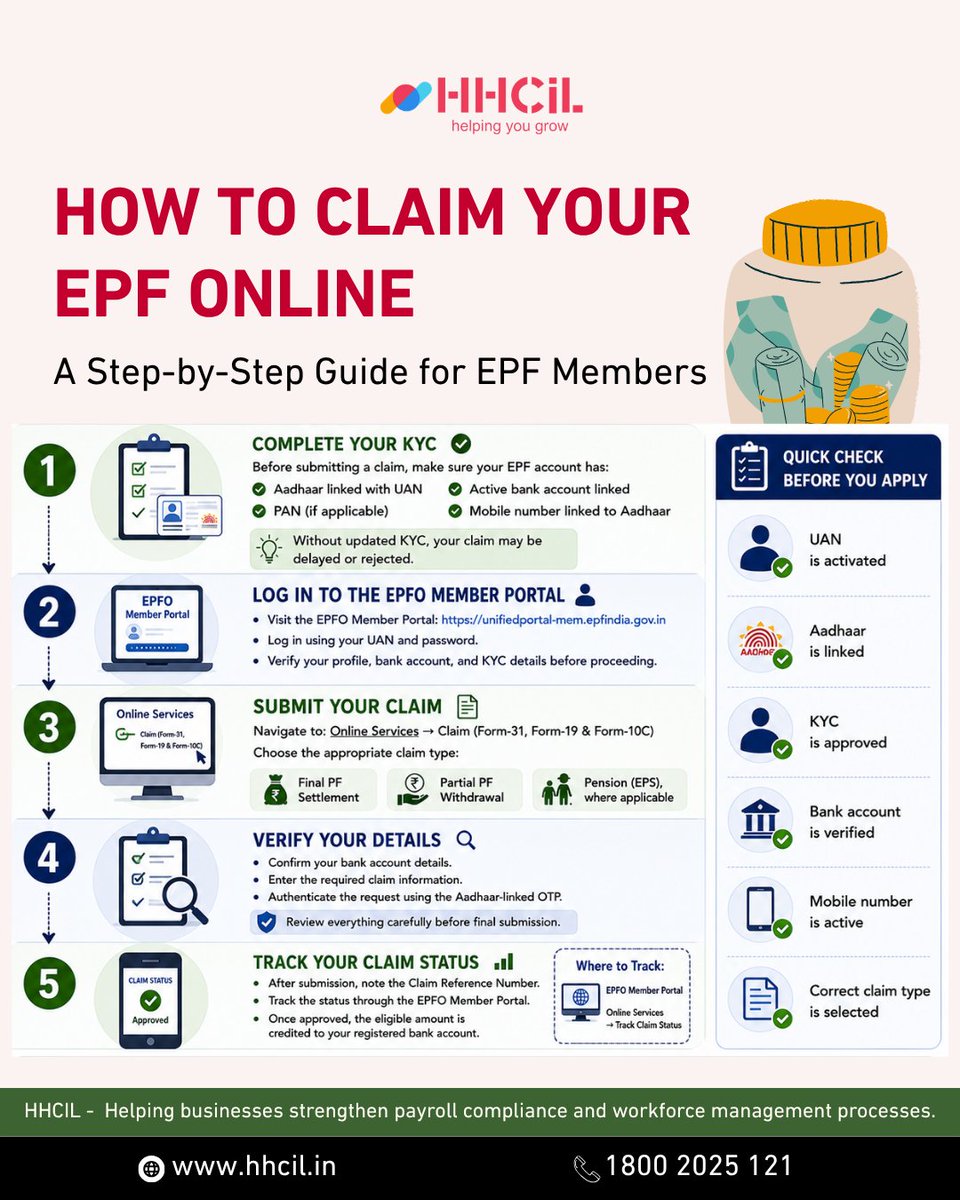 HumanHitech's tweet photo. ๐ Claiming your EPF online? Don't miss these important steps.
From updating your KYC to tracking your claim status, this guide covers everything you need before submitting an EPF claim.
#EPF2026 #EPFO #EPFClaim #Payroll #HR #EmployeeBenefits #Compliance #LabourLaw #HHCIL https://t.co/EGV5Z9CIyj