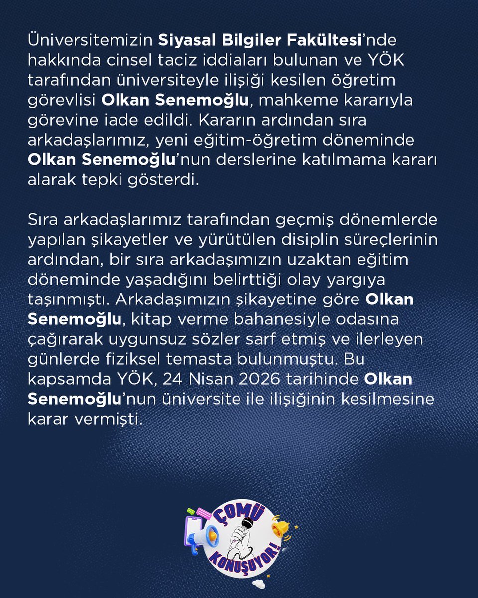 comukonusuyor's tweet photo. Mahkemenin verdiği yürütmeyi durdurma kararı derhal geri alınmalı, Olkan Senemoğlu görevinden ihraç edilmeli ve taciz ettiği sıra arkadaşlarımıza hesap vermelidir! https://t.co/UCjIMjFqla