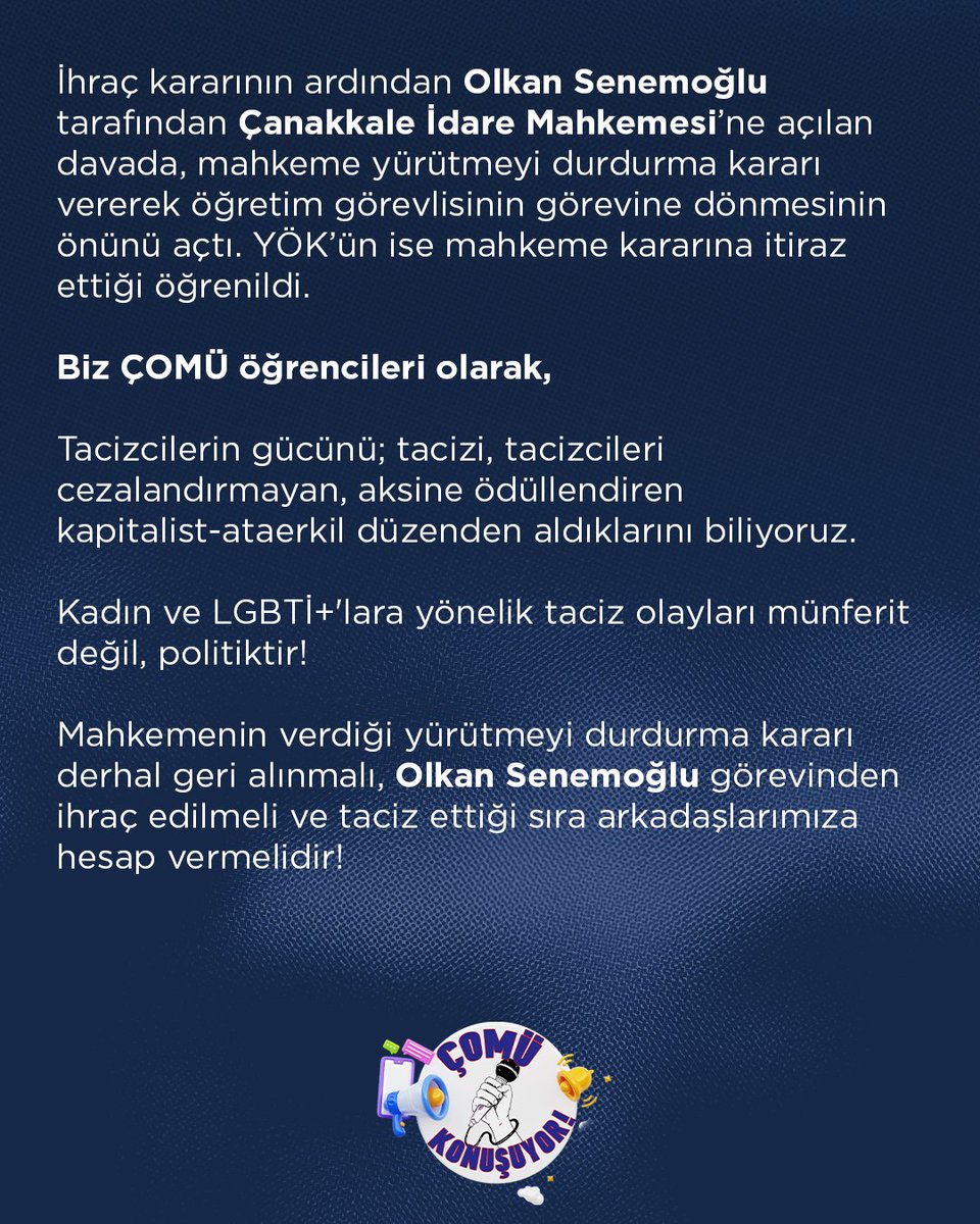comukonusuyor's tweet photo. Mahkemenin verdiği yürütmeyi durdurma kararı derhal geri alınmalı, Olkan Senemoğlu görevinden ihraç edilmeli ve taciz ettiği sıra arkadaşlarımıza hesap vermelidir! https://t.co/UCjIMjFqla