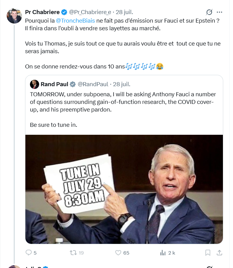 TroncheBiais's tweet photo. Le Professeur Chabrière m'interpelle régulièrement sur X (tandis que je le laisse tranquille).
Quand il n'insulte pas, quand il n'insinue pas des horreurs pour exciter sur moi la haine de ses +80k abonnés, il dégoise des dingueries narcissiques comme ici, qui relèvent de la compétence de psychiatres.
Et je suis loin d'être la cible principale de ses régulières décompensations 

L'université Aix-Marseille laisse faire, voire valide totalement ces comportements.

Le monde académique est-il malade ? 
@FranceUniv
