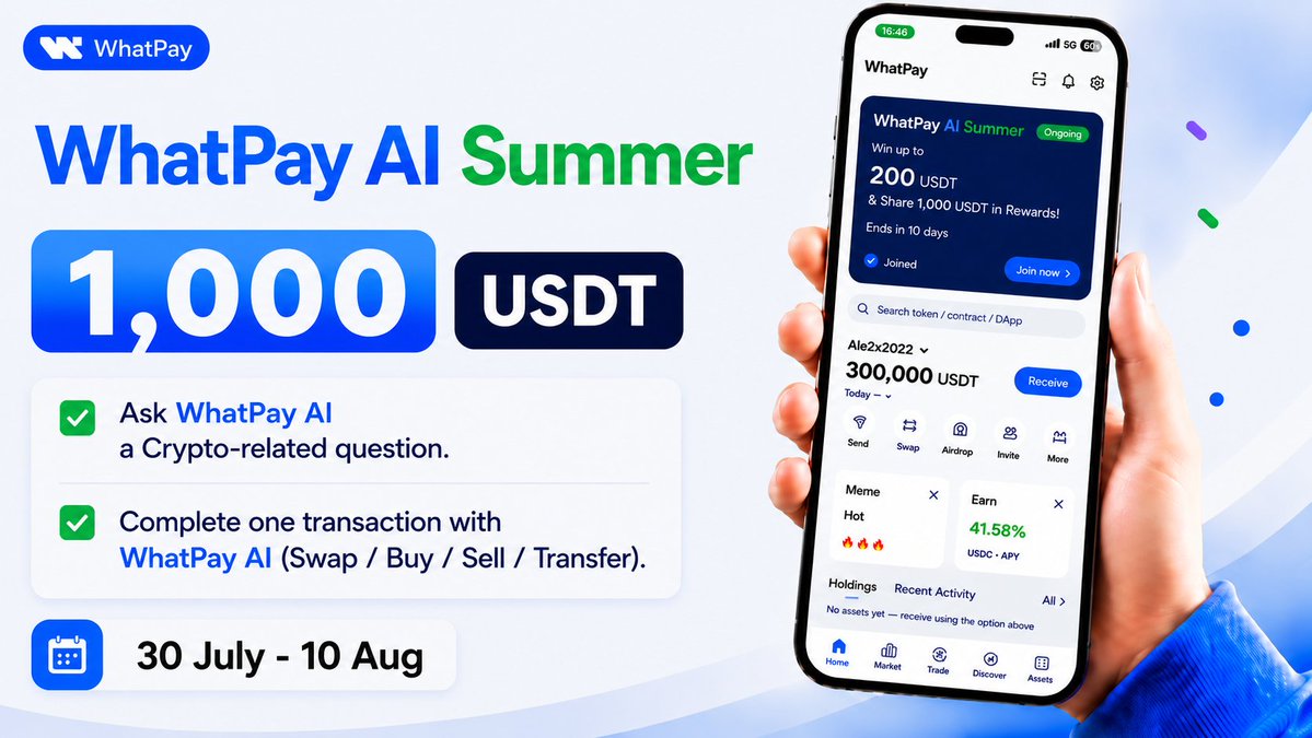 WhatPayGlobal's tweet photo. 🌴 WhatPay #AI #SummerCampaign is LIVE! Win up to 200 USDT

🎁 Ask AI. Make a Trade. Share 1,000 USDT in Rewards!
           📅 Campaign Period: July 30 – August 10

Complete 3 simple tasks to qualify:
✅ Ask WhatPay AI a Crypto-related question.
✅ Complete one transaction with WhatPay AI (Swap / Buy / Sell / Transfer).
✅ Take a screenshot or record a short video, then share it on X.

Submit the campaign registration form 👇
https://t.co/iAXTwbAwc0

🔥 WhatPay AI — Your On-Chain AI Assistant.