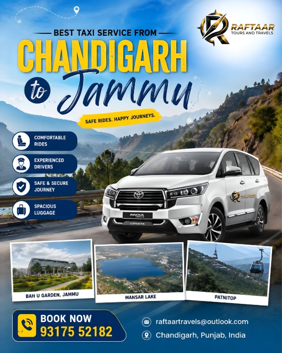 RaftaarToursPVT's tweet photo. Chandigarh to Jammu Taxi Service – Travel with Comfort &amp; Confidence! 🏔️

Planning a trip from Chandigarh to Jammu?

#ChandigarhToJammu #JammuTaxi #TaxiService #RaftaarTravels #OutstationTaxi #CabService #TravelSafe #ComfortableJourney #PunjabToJammu #JammuTrip #FamilyTravel https://t.co/gXcFccFmC3