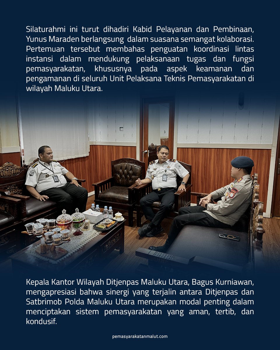 ditjenpasmalut's tweet photo. Kakanwil Ditjenpas Maluku Utara, Bagus Kurniawan, menerima kunjungan Danyon A Pelopor Satbrimob Polda Maluku Utara guna memperkuat sinergi APH, Kamis (30/07).

Berita selengkapnya : https://t.co/PWxeEEAjWi https://t.co/eWuJT3bVAh