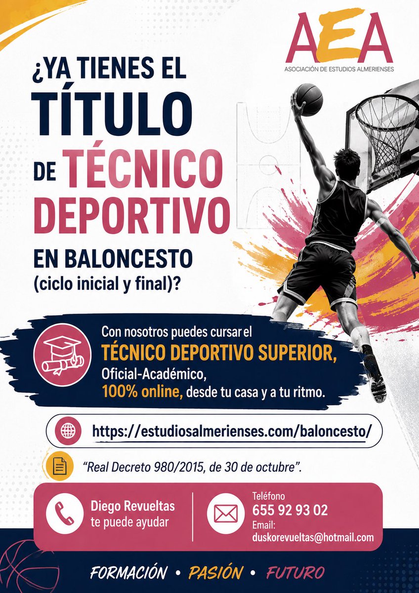 duskore's tweet photo. Con el Técnico Deportivo en Baloncesto 🏀, puedes cursar con nosotros el TÉCNICO SUPERIOR 100% online, desde cualquier lugar #FormaT
#TecnicosDeportivos100x100online https://t.co/jQzUucpyuz
@aealmerienses https://t.co/QvD1O7YMVU