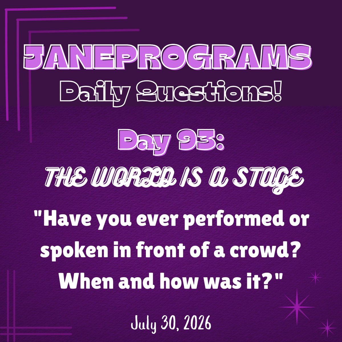 janeprograms's tweet photo. JANEPROGRAMS DAILY QUESTIONS: DAY 93 IS HERE!

When's the last time you've performed in front of an audience? Singing a song, taking part of a play, or in a speech? How was it?

Don't forget to tag us and use #jprogday093 so we can see your beautiful answers!

Happy answering! https://t.co/0U3e93qHmd