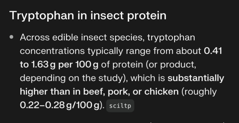 EGArtturi's tweet photo. Bug protein has substantially higher levels of tryptophan compared to muscle meat. Tryptophan is the sole dietary precursor for serotonin. https://t.co/YAOv8AfhT9