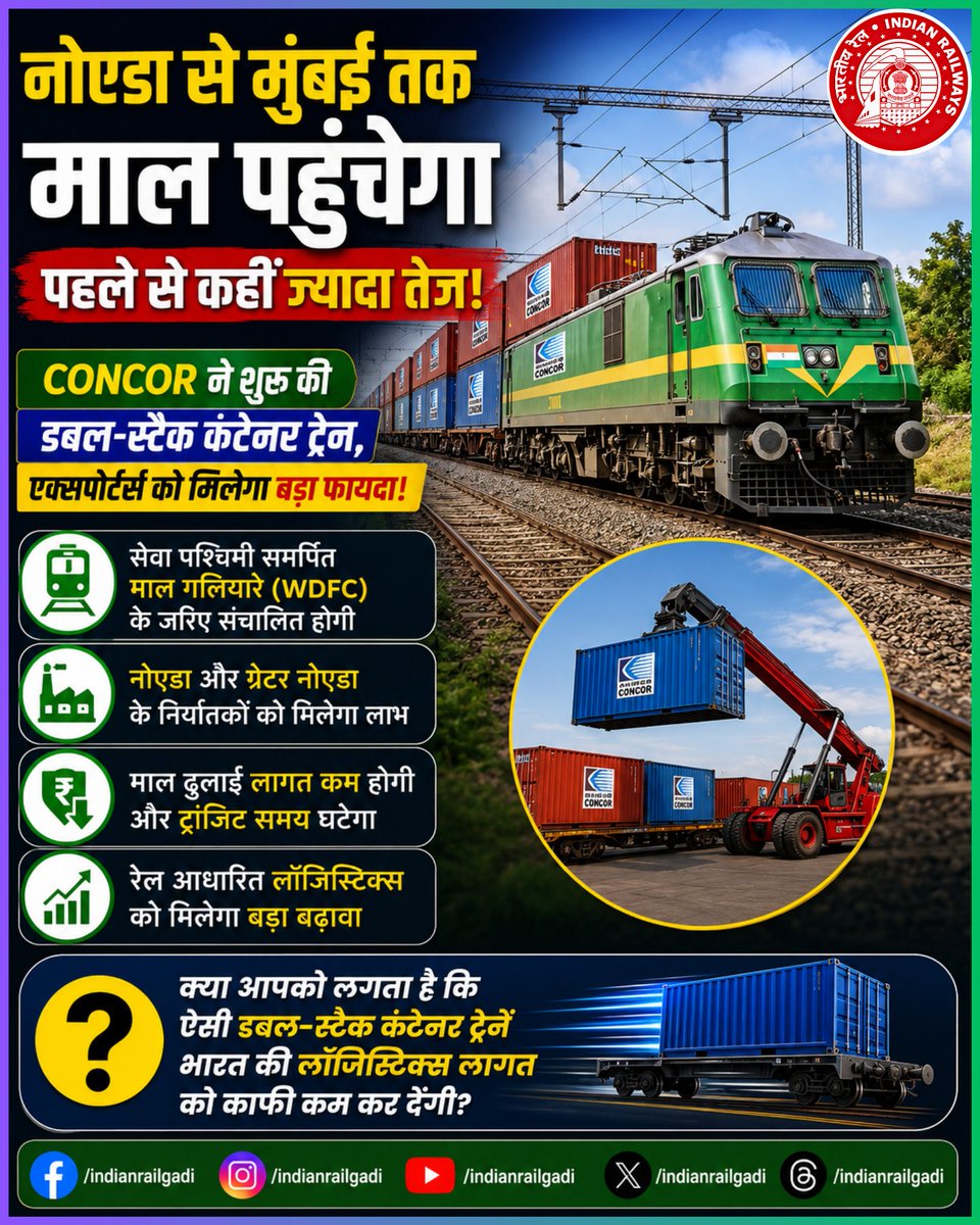 Indianrailgadi's tweet photo. नोएडा से मुंबई तक शुरू हुई डबल-स्टैक कंटेनर ट्रेन, WDFC के जरिए संचालित होगी, एक्सपोर्टर्स की घटेगी लागत और बढ़ेगी रफ्तार
#CONCOR #DoubleStack #Logistics #FreightTrain
CONCOR, Double Stack Container Train, Dadri MMLP, JNPA https://t.co/0aOq2kklO8