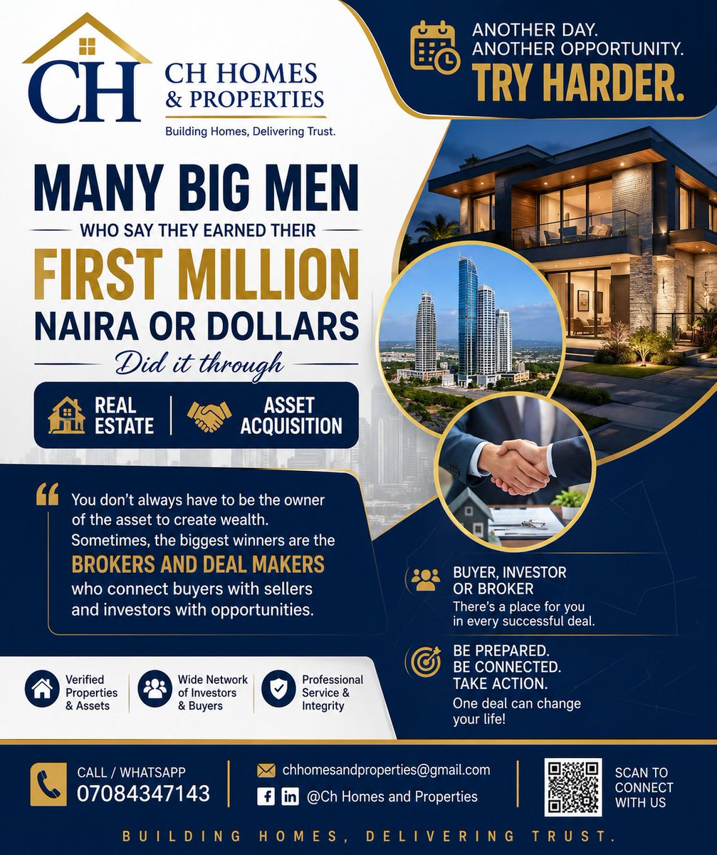 ChHomesPropNG's tweet photo. 🌅 Another Day. Another Opportunity. Try Harder.

Many successful entrepreneurs built their first millions through real estate and asset acquisition.

You don't always have to own the property to build wealth. Sometimes, the biggest rewards go to the broker who connects the right https://t.co/OMMUDkm54z