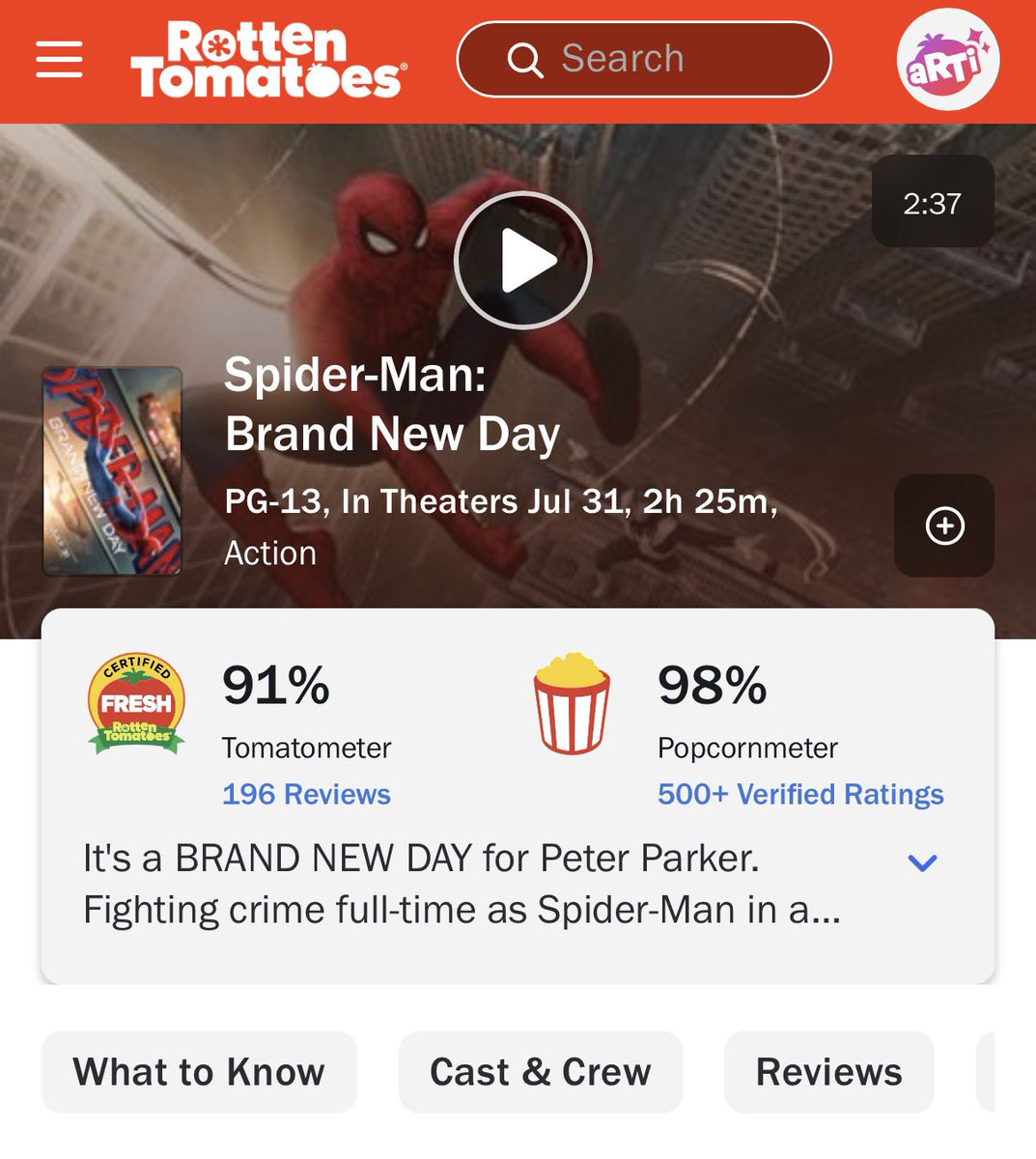 nacaomarvete616's tweet photo. 🚨 O PÚBLICO ACLAMOU!

HOMEM-ARANHA: UM NOVO DIA é unanimidade e debuta com 98% da aprovação do público no Rotten Tomatoes. https://t.co/EdPvJ377pY