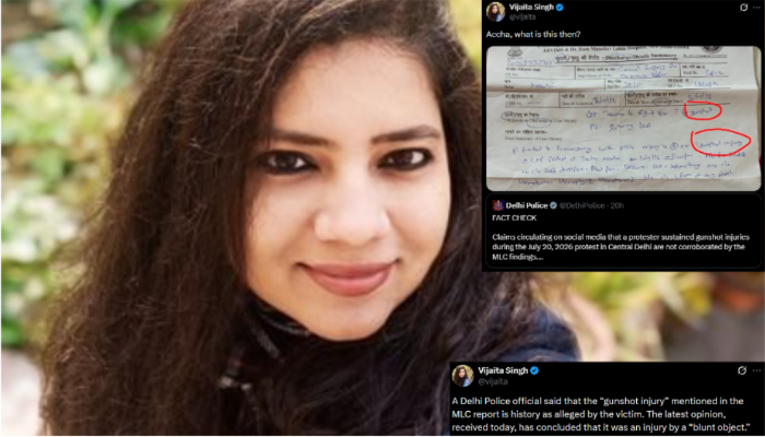OpIndia_com's tweet photo. The Delhi Police said a woman's injury during the July 20 CJP protest was caused by a blunt object, not a gunshot, based on the MLC findings. 

Yet The Hindu's Vijaita Singh first challenged the police version, only to later acknowledge the final medical opinion herself.

@willofvalhalla reports how the "gunshot wound" narrative unravelled:

https://t.co/paPCxu0TxZ