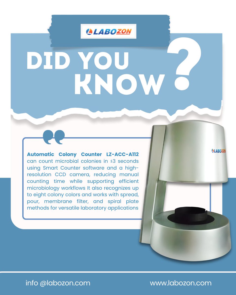 labozon's tweet photo. Automatic Colony Counter LZ-ACC-A112
Fast, accurate microbial colony counting with high-resolution camera imaging, smart counting software & LED illumination.
info@labozon.com
Learn more: https://t.co/SnS7vdFwTn
#Labozon #ColonyCounter #Microbiology #LabEquipment https://t.co/7rZ6dw0k7O