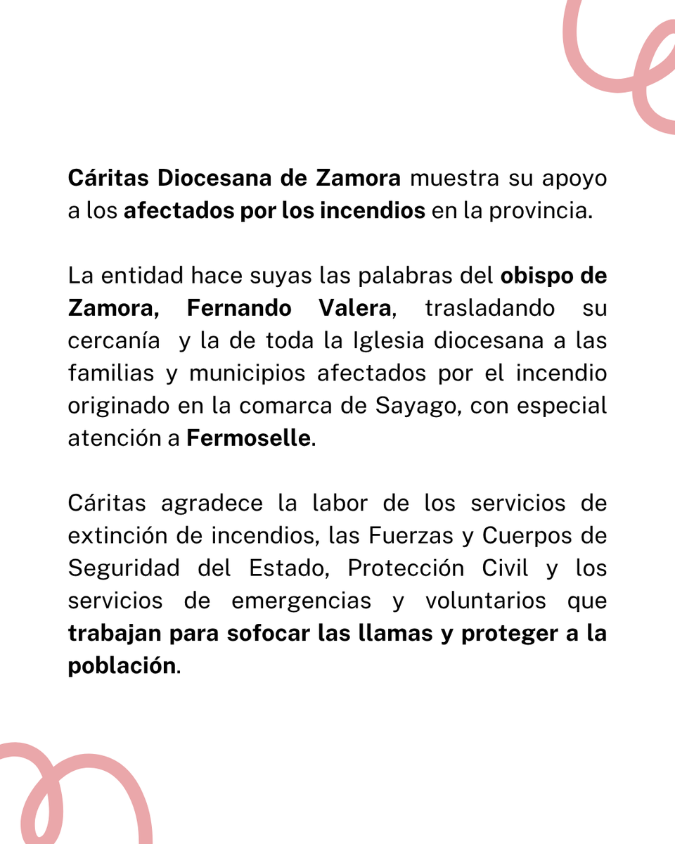 caritas_zamora's tweet photo. 🙏 Cáritas Diocesana de Zamora muestra su apoyo a los afectados por los incendios en la provincia.

#CáritasDiocesanadeZamora #Incendios #Fermoselle #IFFermoselle

https://t.co/dWRS51qbOA https://t.co/jWkE7YosxN