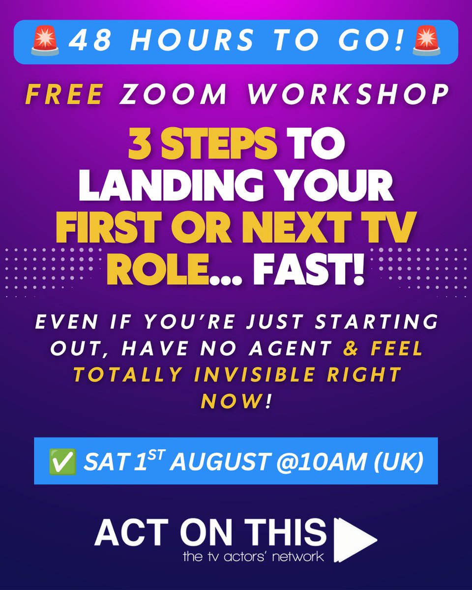 ActOnThisTV's tweet photo. ⏰ 48 HOURS TO GO - AND 838 ACTORS ALREADY SIGNED-UP! 👇

Grab your FREE seat: https://t.co/rCXGagG9k6

ACTORS - still waiting for your first (or next) TV role?

You’re not alone.

In fact, most actors never build a sustainable TV career... and it’s rarely because they aren’t talented enough.

More often…

They’re focusing on the wrong things.

Wrong showreel.

Wrong casting type.

Wrong strategy.

Or they’re simply waiting to be “discovered.”

It doesn’t have to be that way.

Join me LIVE on Zoom this Saturday 1st August at 10AM (UK) for a FREE 90-minute workshop, where I’ll walk you through the exact 3-step blueprint that’s helped me land more than 40 TV roles… and helped dozens of actors book their first professional TV jobs too.

From Coronation Street and Emmerdale, to Hollyoaks, Casualty, Silent Witness and more…

These are the same principles I’ve used throughout my entire career.

Here’s what we’ll cover…

✅ Why so many talented actors stay stuck for years (and the simple shift that changes everything).

✅ The biggest mistake most actors make with their showreel… and how to fix it fast.

✅ How to identify your true TV casting type, so you’re no longer wasting time, money or opportunities.

✅ The five UK serial dramas that give actors the greatest chance of booking their first TV credit… and how to get yourself noticed by the casting teams behind them.

✅ The outreach strategy that’s helped actors build genuine relationships with casting directors… even before they’ve signed with an agent.

And most importantly…

You’ll leave with a clear, proven action plan you can start using immediately to book more auditions and move closer to your first (or next) TV role.

No fluff.

No vague motivation.

Just the real-world strategies that actually work in the 2026 UK TV industry.

If you’re serious about making 2026 the year your acting career finally moves forward, I’d love to see you there.

Ross 😊

Creator of Act On This