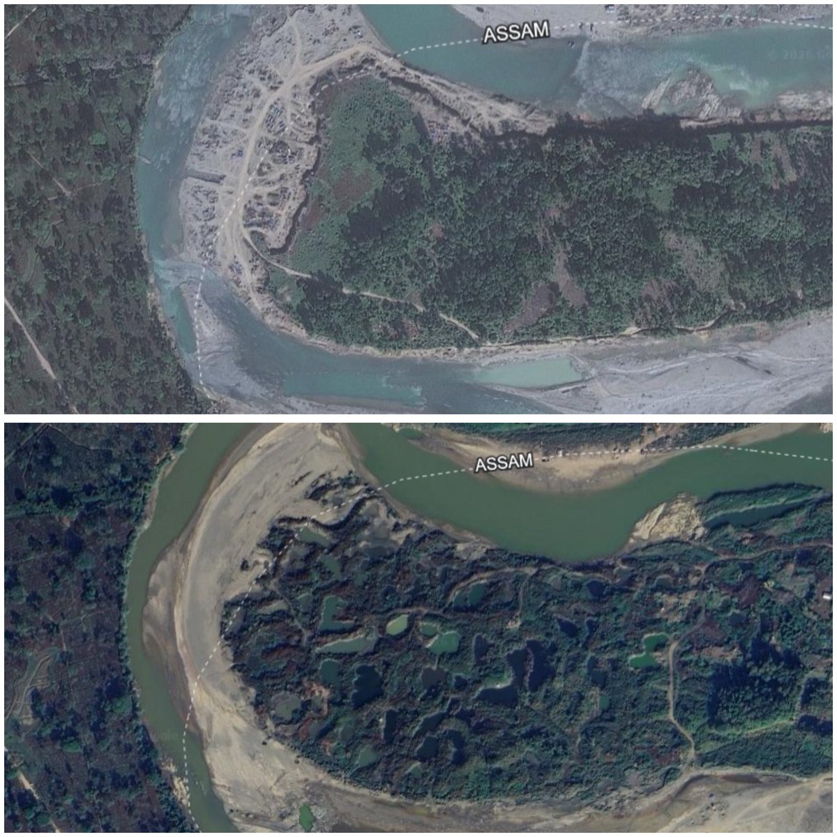 DsaikiaOfficial's tweet photo. Satellite images expose a horrifying truth: The catastrophic Nazira #Floods are not a natural calamity, but a meticulously engineered man-made disaster driven by unchecked sand, stone, and coal mafias! 🚨

If you compare the satellite imagery of the region from 2010 to 2024, the reality is stark and undeniable. The once lush green banks and natural courses of the Dikhow River have been mercilessly excavated and transformed into cratered wastelands. This rampant, unchecked plundering of our natural resources is the direct root cause of the current devastation in Nazira, #Sivasagar #Charaideo #Jorhat etc. I have relentlessly warned this #BJPGovernment and fought against this impending doom for years, but they chose to protect the syndicates over our citizens.

I approached the Hon'ble Gauhati High Court and filed a PIL (PIL 62/2019) against the rampant #illegalmining on the Dikhow river banks. On October 21, 2019, the High Court expected the Government to form a "Mines & Minerals Task Force Battalion" within three months to stop this menace. Despite clear judicial directives, the #AssamGovernment shamelessly admitted on the floor of the Assembly on December 22, 2021, that the formation of this 200-member Task Force was still merely "under process." I raised this issue again in the March 2022 #Assembly session, demanding to know what concrete steps were taken to stop the illegal trade of forest and mineral resources as per the High Court's directives.

Following my persistent complaints, on January 12, 2022, the Assistant Executive Engineer (Water Resources, Nazira Sub-division) inspected the illegal mining sites near Bamunphukhuri Tea Estate and Santak. He gave a stark, written warning that continued #excavation would alter the river's course and bring massive devastation. The #BJP Government buried this report to protect the mafias. Most recently, on June 15, 2024, I wrote directly to the Environment & Forest Minister, explicitly warning about the imminent threat of the Dikhow River altering its course due to this unabated illegal mining and the existential devastation it would cause.

But all the stark warnings were deliberately ignored. The people of Nazira are now paying the ultimate price—losing their homes, their livelihoods, and their loved ones—because of this unholy nexus between the #Government and the mining mafias.  #AssamFloods #Assam #Disaster

@narendramodi @AmitShah @byadavbjp