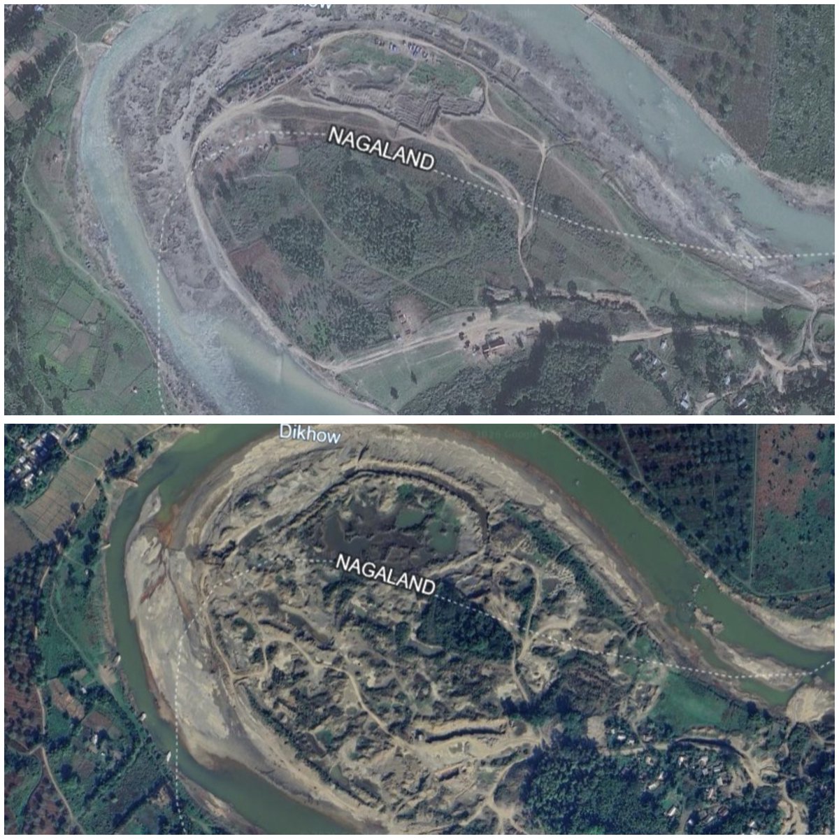 DsaikiaOfficial's tweet photo. Satellite images expose a horrifying truth: The catastrophic Nazira #Floods are not a natural calamity, but a meticulously engineered man-made disaster driven by unchecked sand, stone, and coal mafias! 🚨

If you compare the satellite imagery of the region from 2010 to 2024, the reality is stark and undeniable. The once lush green banks and natural courses of the Dikhow River have been mercilessly excavated and transformed into cratered wastelands. This rampant, unchecked plundering of our natural resources is the direct root cause of the current devastation in Nazira, #Sivasagar #Charaideo #Jorhat etc. I have relentlessly warned this #BJPGovernment and fought against this impending doom for years, but they chose to protect the syndicates over our citizens.

I approached the Hon'ble Gauhati High Court and filed a PIL (PIL 62/2019) against the rampant #illegalmining on the Dikhow river banks. On October 21, 2019, the High Court expected the Government to form a "Mines & Minerals Task Force Battalion" within three months to stop this menace. Despite clear judicial directives, the #AssamGovernment shamelessly admitted on the floor of the Assembly on December 22, 2021, that the formation of this 200-member Task Force was still merely "under process." I raised this issue again in the March 2022 #Assembly session, demanding to know what concrete steps were taken to stop the illegal trade of forest and mineral resources as per the High Court's directives.

Following my persistent complaints, on January 12, 2022, the Assistant Executive Engineer (Water Resources, Nazira Sub-division) inspected the illegal mining sites near Bamunphukhuri Tea Estate and Santak. He gave a stark, written warning that continued #excavation would alter the river's course and bring massive devastation. The #BJP Government buried this report to protect the mafias. Most recently, on June 15, 2024, I wrote directly to the Environment & Forest Minister, explicitly warning about the imminent threat of the Dikhow River altering its course due to this unabated illegal mining and the existential devastation it would cause.

But all the stark warnings were deliberately ignored. The people of Nazira are now paying the ultimate price—losing their homes, their livelihoods, and their loved ones—because of this unholy nexus between the #Government and the mining mafias.  #AssamFloods #Assam #Disaster

@narendramodi @AmitShah @byadavbjp