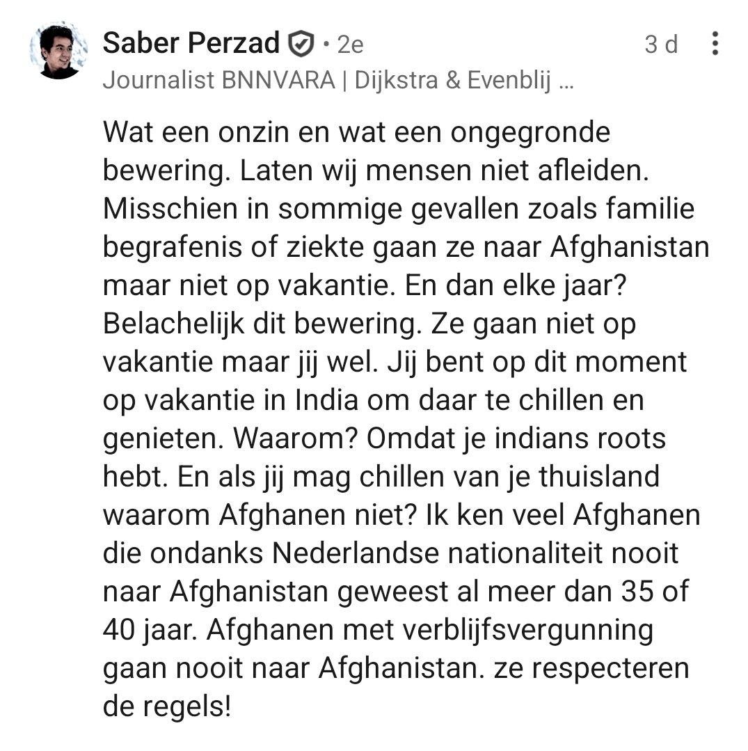 ShashiRoopram's tweet photo. Een journalist van BNNVARA reageerde op mijn opinie dat ik het belachelijk vind dat statushouders op vakantie gaan naar het land dat ze zeggen te zijn ontvlucht.

Voor de duidelijkheid: mijn ouders zijn niet naar Nederland gekomen met een vluchtelingenstatus omdat hun leven in Suriname gevaar liep.

Dat is nu juist het verschil dat hij lijkt te missen. Een vluchtelingenstatus krijg je omdat terugkeer onveilig zou zijn. Als je vervolgens vrijwillig op vakantie teruggaat terwijl dat gevaar nog steeds zou bestaan, dan ondermijn je de geloofwaardigheid van die vluchtelingenstatus.
