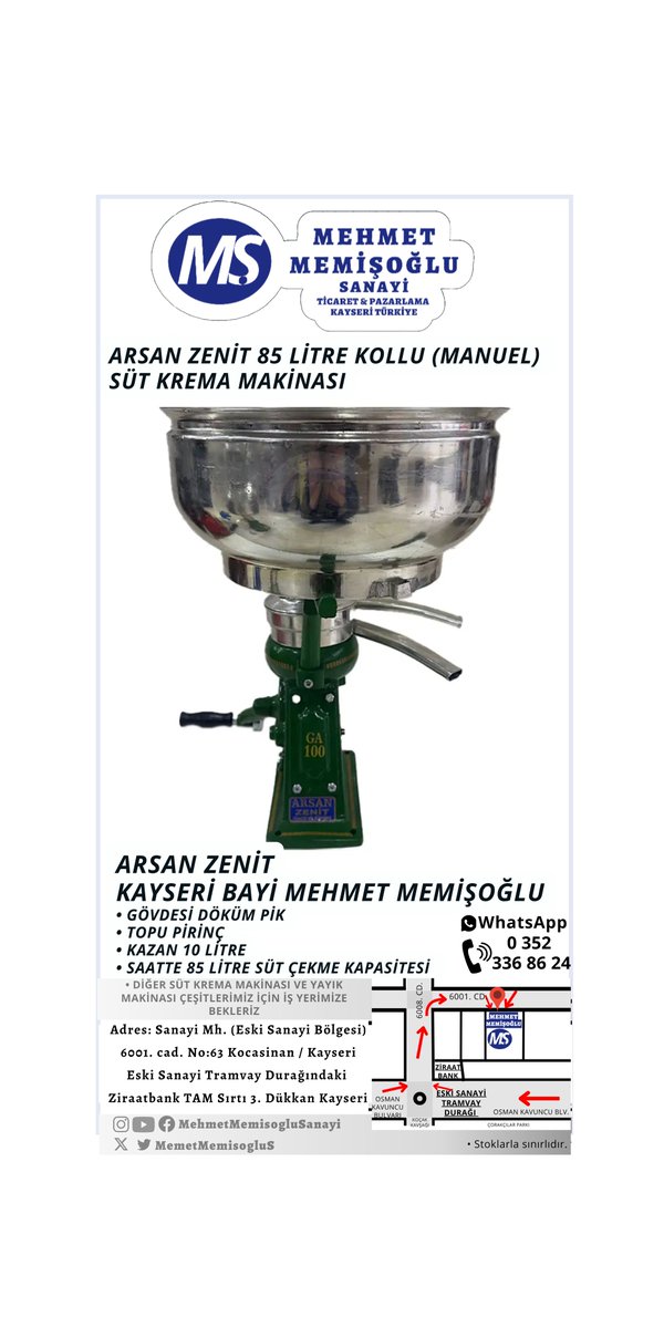 MemetMemisogluS's tweet photo. Elektriksiz Çiftlik Konforu! ⚡

* Arsan Zenit 85 Litre Kollu Manuel Süt Krema Makinası
* 85L/saat yüksek verim

Mağazamıza bekleriz.

⚠️ Stoklarla Sınırlı!

#ArsanZenit #Toptan #perakende #MehmetMemişoğluSanayi https://t.co/oUhNxjAUjv