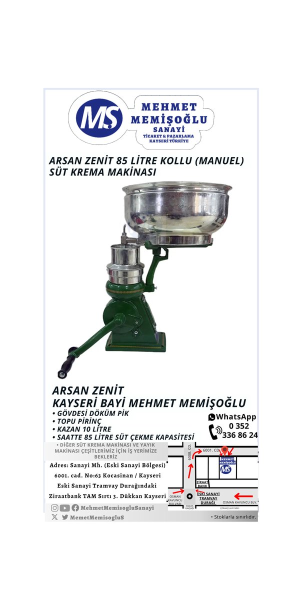 MemetMemisogluS's tweet photo. Elektriksiz Çiftlik Konforu! ⚡

* Arsan Zenit 85 Litre Kollu Manuel Süt Krema Makinası
* 85L/saat yüksek verim

Mağazamıza bekleriz.

⚠️ Stoklarla Sınırlı!

#ArsanZenit #Toptan #perakende #MehmetMemişoğluSanayi https://t.co/oUhNxjAUjv