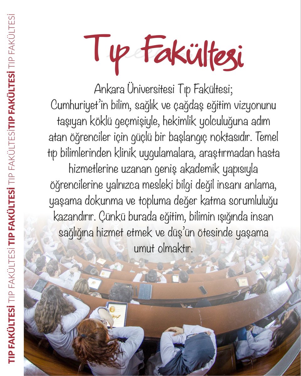 AnkaraUni's tweet photo. Ankara Üniversitesi Tıp Fakültesi; köklü geçmişi, güçlü akademik birikimi ve uygulama olanaklarıyla öğrencilerini hekimlik mesleğinin bilgi, emek ve sorumluluk gerektiren yolculuğuna hazırlar.

Burada her ders, insan sağlığına uzanan bir adım; her deneyim, yaşama değer katan bir sorumluluktur.

Düş’ün Ötesi Ankara Üniversitesi