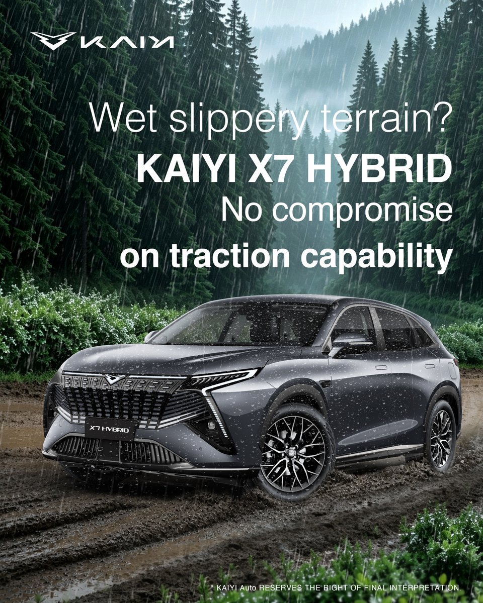 KaiyiGlobal's tweet photo. Wet slippery terrain? No compromise on traction capability.
The Kaiyi X7 Hybrid maintains dependable grip on damp surfaces, delivering confident handling across slippery rainforest roads.
#Kaiyi
#KaiyiAuto
#KaiyiX7Hybrid
#SUV https://t.co/W9IHY5qKXS